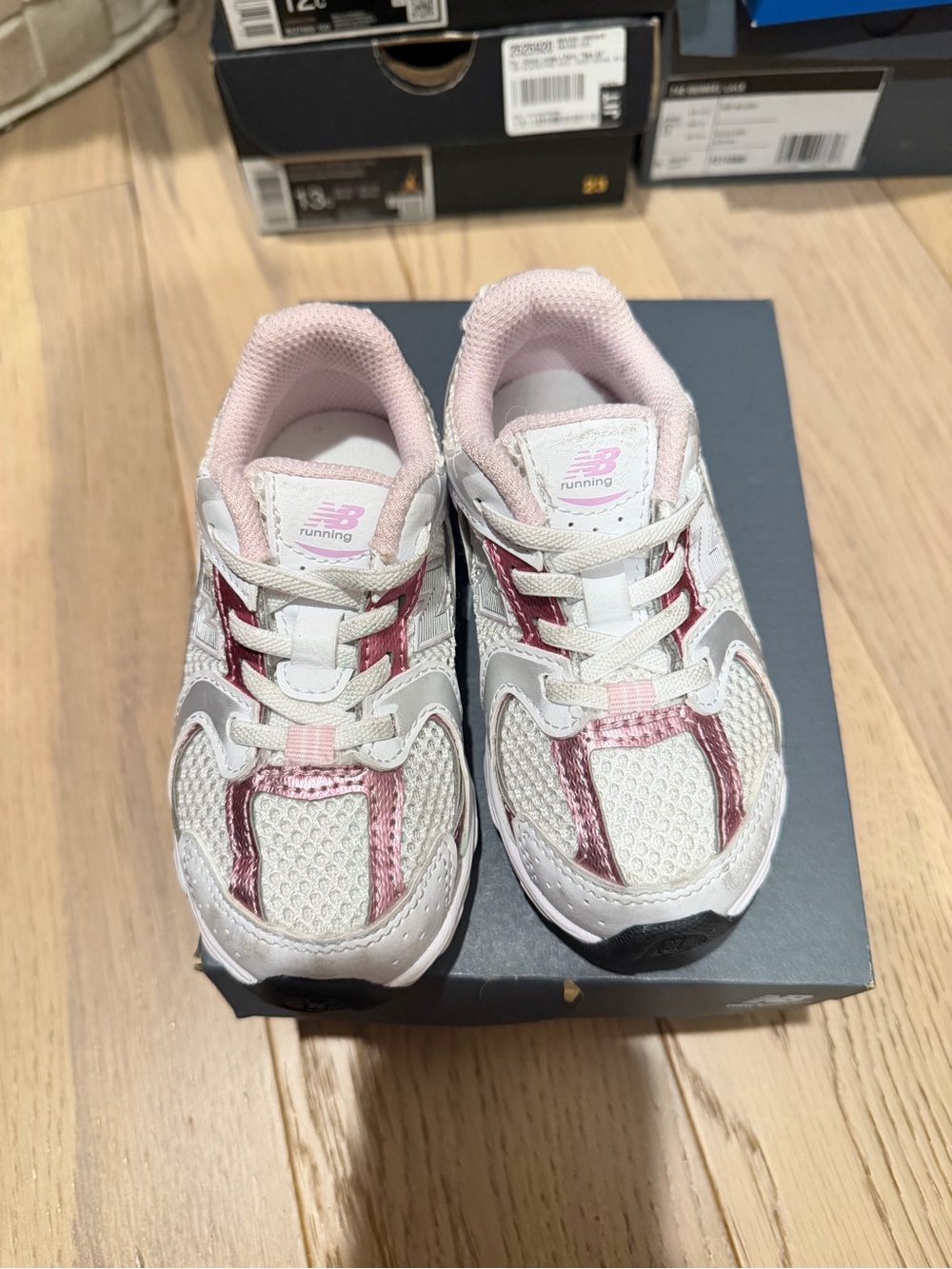 New Balance Kids White, Light Pink & Dark Pink Sneakers